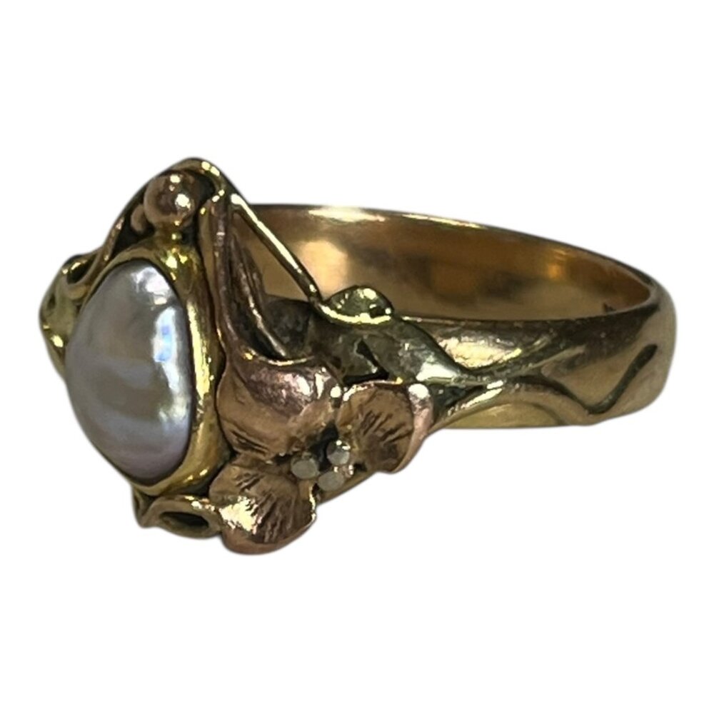 Womans 7.25 14K Tri-Color Gold Ring w/ Freshwater Pearl, Leaf Pattern 5.79g - Picture 4 of 12